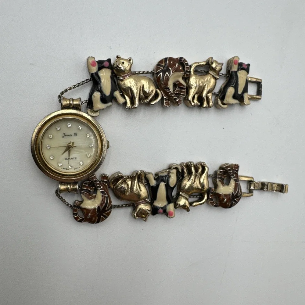 VTG Jennie B Enamel Cats Gold Tone Slide Charm Bracelet Wrist Watch Not Tested